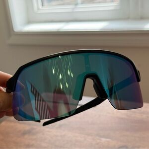 Oakley Black Sports Shield Sunglasses with Blue-Green Mirrored Lens